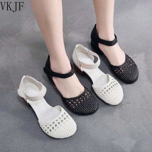 Summer Sandals Retro Women Shoes 2021 New Genuine Leather Weave Hook & Loop Casual Sewing Handmade Ladies Sandals