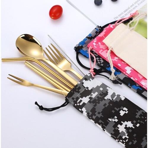 304 stainless steel straw spoon Fork hat dinner set camouflage titanium plating creative portable bag tableware seven-piece set