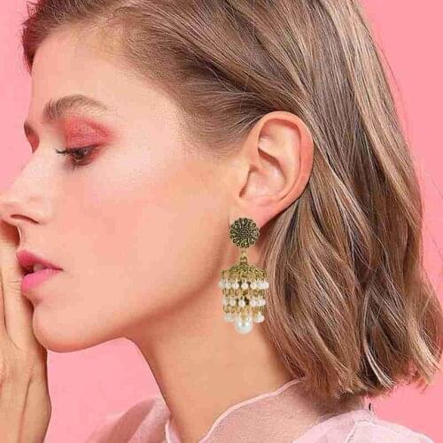 Vintage Boho White beaded tassel dangle Drop Earrings Gold Silver-color Alloy Birdcage Shape Pendant Bead Tassel India Earrings