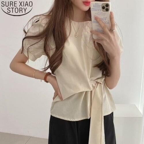 2021 New Summer Short Sleeve Korean Chic Round Collar Puff Sleeve Strap Bow Blouse Women Tops Fashion Loose Clothes Blusas 14322