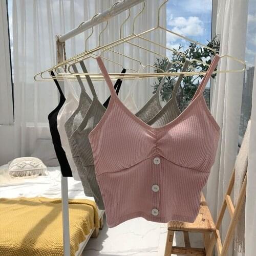 Women Camisole Fashion Wild Solid Color Sling Tank Top Summer New Button V-neck Cotton Vest with Removable Chest Pad