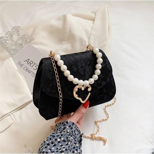 Womens Crossbody Bags Love Metal Lock Pearl Portable Bags Female Retro Jacquard Lace Chain Solid Small Messenger Square Bags