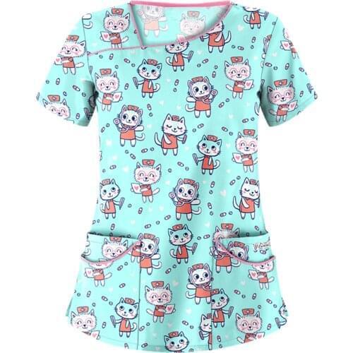 Enfermera Women Pockets Nurse Uniforms Tops Short Sleeve Working Uniform Clothing Female Working Plus Size Printed Top Tee