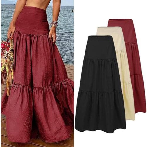 ZANZEA Women Long Skirts Casual Ruffles Female Vintage Maxi Skirt Cotton Linen Vestidos A-line Skirts Jupe Femme Streetwear