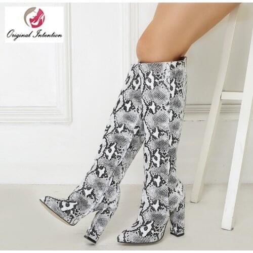Original Intention Stylish Snake Knee-high Boots Women High Heels Chunk Heels Botas Mujer Winter Elegant Shoes Woman Large Size