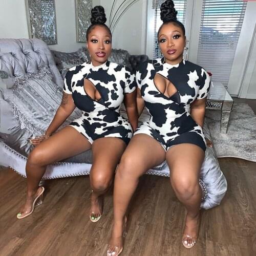 Spot Printing Women Sexy Clubwear Jumpsuits 2021 Summer Latest O-neck Long Sleeve Hollow Out Short Sleeve Skinny Short Rompers