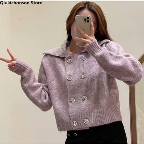 Peter Pan Collar Autumn Winter Sweater Cardigan Knit Women 2021 Double Breasted Lolita Purple Cardigan Coat Gardigan pull femme