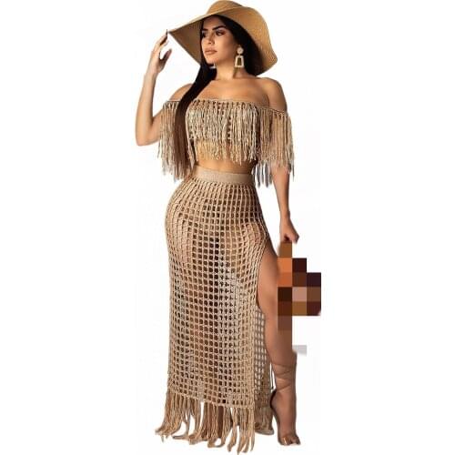 JRRY Casual Women Knitted Set Slash Neck Cover Ups Slit Skirt Tassel Crocheted 2 Pieces Set Hollow Out Crochet Beach Wear