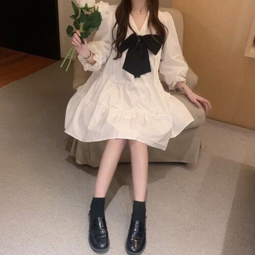 Sweet Kawaii Women Bow Dress Summer 2021 New V Neck Fashion Cute High Waist Puff Sleeve Loose A-Line Cake Dresses White Vestidos