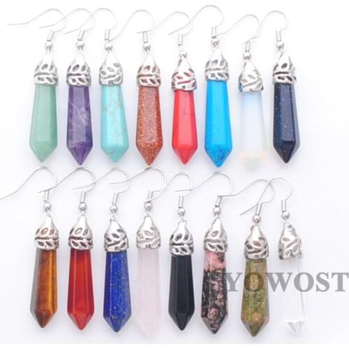 10Pairs New Fashion Hexagonal Tigers Eye Golden Sand Gem Stone Pointed Reiki Chakra Beads Dangle Earrings Pair Jewelry QBR310