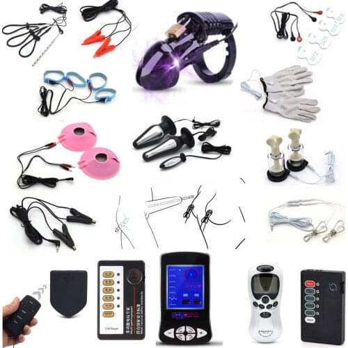 Electric Shock Pulse Anal Plug Electro Penis Plug Rings Glove Stimulation Breast Pads Massage Cock Cage Nipple Clamps Sex Toys