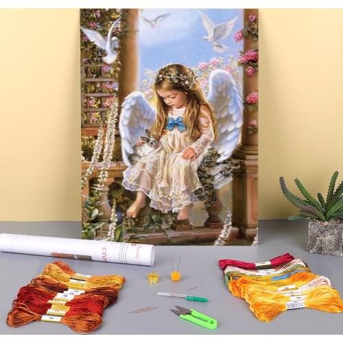 Angel Girl Landscape Printed Canvas 11CT Cross Stitch Embroidery Set DMC Threads Sewing Handiwork Handicraft Handmade Design