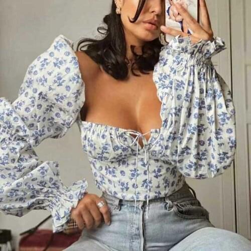 BOHO INSPIRED blue white floral crop top women sexy long sleeve cotton blouse women 2021 spring summer tops new ladies blouse