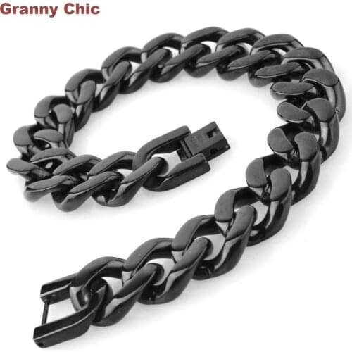 Granny Chic Fashion Mens Jewelry Hip Hop Black Color Stainless Steel Curb Cuban Bracelet High Quality 15mm9"