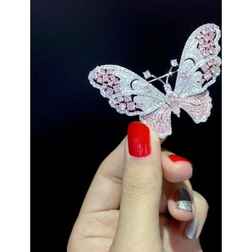 Insect butterfly brooch pink color 925 sterling silver fine women jewelry free shipping pendant doube use