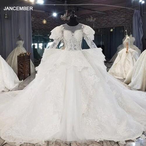 HTL1567 Big Train With Lace Edge White Lvory Illusion Appliques Wedding Dress 2020 O-Neck Ball Gowns Lace Up Back Robe De Mariée