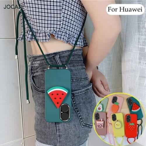 Crossbody Strap Lanyard 3D Cartoon Bracket Case For Huawei P50 P40 P30 Pro Nova 8 7 Pro Y9A Y6P Candy Color Soft TPU Stand Cover