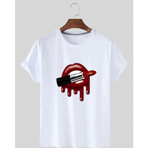 Summer Fashion Women Casual Red Lip Print T-shirt Short-sleeved Round Collar T-shirt Wrinkle-proof 2021 Vintage Creative T-shirt