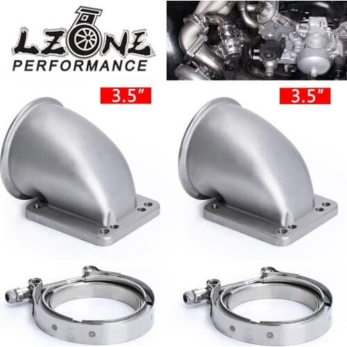 LZONE - 1Pair 3.5" Vband 90 Degree Cast Turbo Elbow Adapter Flange 304 Stainless Steel + Clamp and Flange For T3 T4 Turbocharger