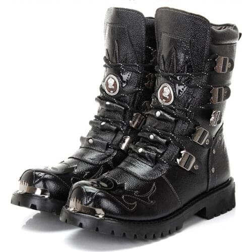 Men Military Boots genuine leather Metal Gothic Punk Boots men Shoes Knight Boots Black Desert Combat Tactical Ankle Boots Men
