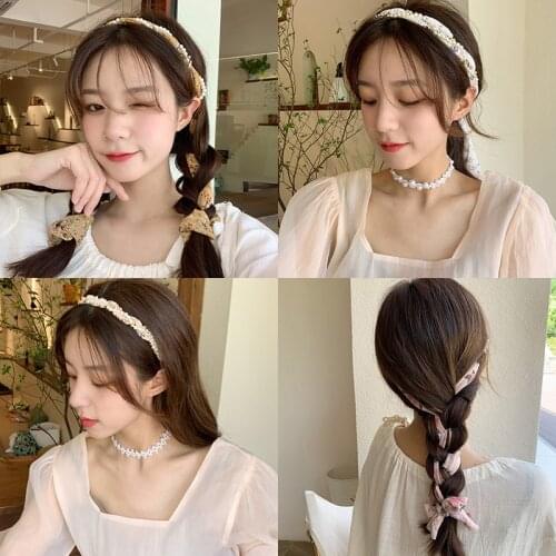 Women Girls Sweet Floral Silk Scarf Tied Hair Headband Lady Pearls Hair Hoop Headwears Female Fashion Hairbands Hair Accessories