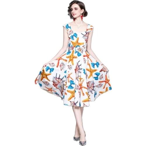 BunniesFairy 2021 Summer Women Elegant Sweet Starfish Flower Floral Print Sleeveless Tank Dress Square Collar Vestido De Fiesta