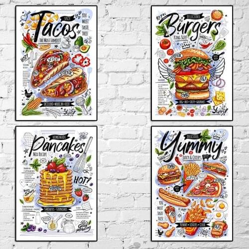 Burger Pizza Chicken Roll Posters and Prints Fast Food Cartoon Canvas Painting for Living Room Wall Art Home Decoration Painting