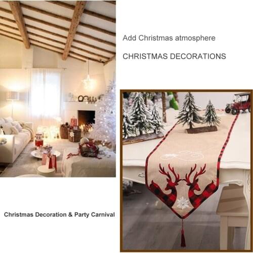Christmas Embroidery Cartoon Elk Linen Dinner Tablecloth Christmas Table Runner Cover Home Atmosphere Party Decoration