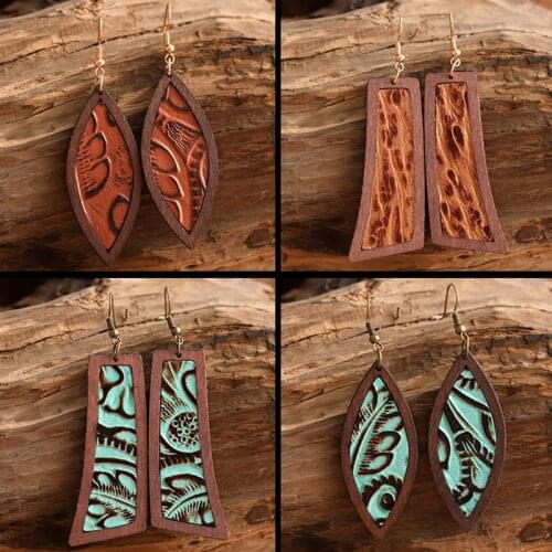 Statement Earrings Jewelry Embossed Geometric Unique Geometric Textured Simple Retro Bohemian Wooden Genuine Leather Earrings