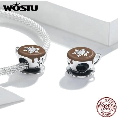 WOSTU 2020 Genuine 925 Sterling Silver Winter Coffee Metal Charm for Original Women Silver Bracelet DIY Jewelry Making DAC361