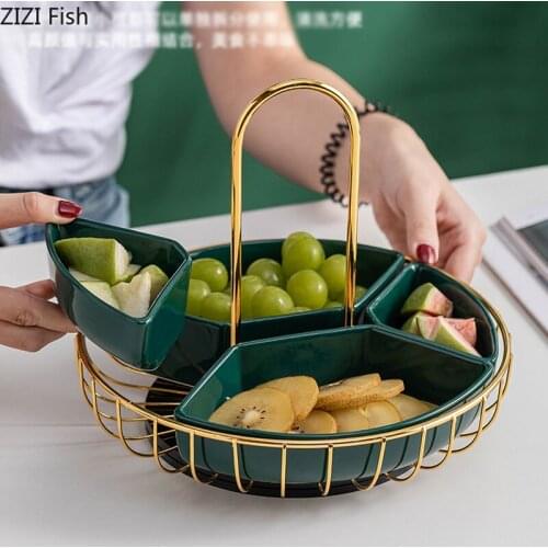 Modern Four Grid Portable Fruit Tray Ceramic Rotating Division Dry Fruit Tray Room Coffee Table Candy Snack Tray Home Decoration