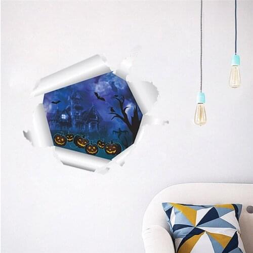 Pumpkin Lantern Dark Castle 3d Broken Hole Wall Stickers For Home Decoration Halloween Festival Wall Mural Art Diy Wall Decals