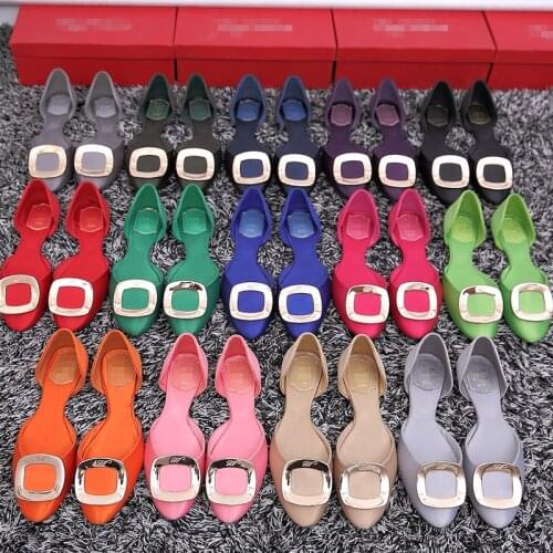 Spring and Summer 2020 Korean Version of Satin Silk Square Buckle Flat Shoes Hollow Gold Buckle Casual Womens Shoes
