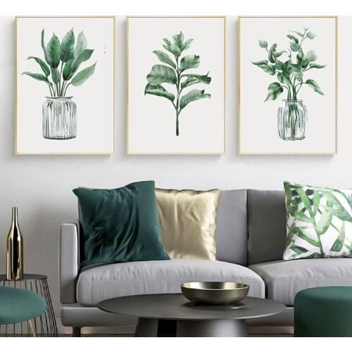 Plant Green Leaf And Transparent Vases Canvas Nordic Painting Wall Pictures Posters Living Hotel Restaurant Club Room Decoration