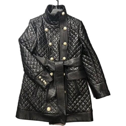 Brand Design Women Genuine Leather Jacket Coat Spring Classical Plaid Double Breasted Real Leather Jacket Belt