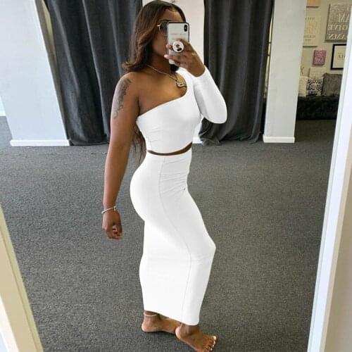 Women Two Piece Sexy Bodycon Sets, One Shoulder Crop Top + Slim High Waist Maxi Skirt Clothes Suits