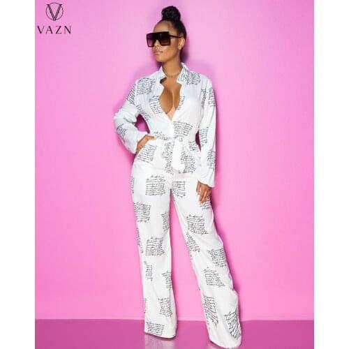 VAZN 2021 Autumn White High-end Chiffon Overalls Sexy Young Sweet Free Style Full Sleeve Women Slim Wide Leg Jumpsuits