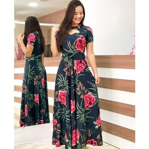 Flower Print spring summer Dress Woman Bohemia short Sleeve Dresses For Women Elegant Plus Size Maxi Vestidos Long Dress