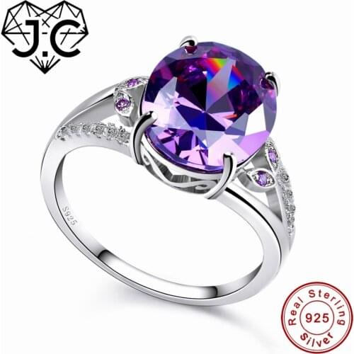 J.C Fine Jewelry Women Engagement Oval Cut Amethyst Ruby & Rainbow White Topaz Solid 925 Sterling Silver Ring Size 6 7 8 9