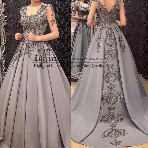 Gray A-Line Prom Dresses 2021 Women Formal Party Night Robe De Soiree Elegant Appliques Transparent Long Sleeves Evening Gowns