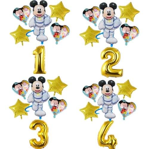 6 pcs Astronaut Mickey Minnie Mouse Aluminium Foil balloon Birthday Party Decoration Baby Boy Girl Favorite Number balloon Set