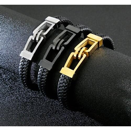 Jewels Store Rectangular Lock Mens Stainless Steel Bracelet Fashion Leather Bracelets Jewelry Party Gift For Man