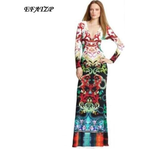 [EFATZP] Europe Top Fashion Womens Long Sleeve Sexy V Neck Snake Printed Sheath Maxi Long Jersey Silk Drss