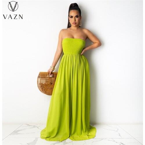 VAZN 2021 INS Europe And America Chiffon Holiday Elegant Young Sexy Joker High-end Solid Strapless Women Loose Maxi Dress