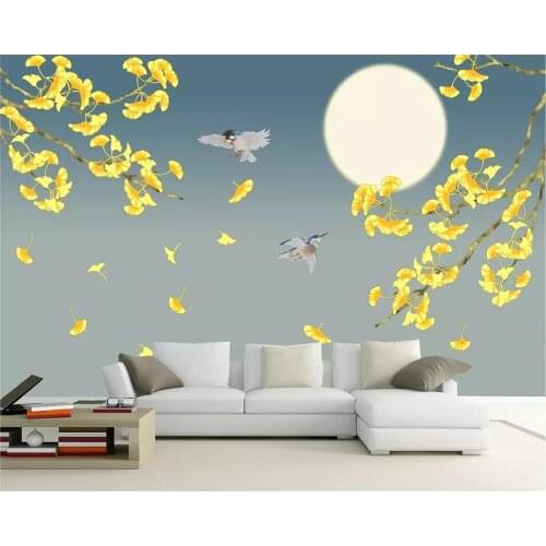Beibehang Photo wallpaper custom aesthetic conception 3D ginkgo leaf moon night flowers and birds decorative painting wall