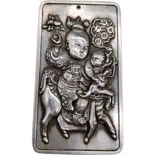 Chinese old Tibetan silver relief Unicorn sender amulet pendant Feng Shui lucky pendant