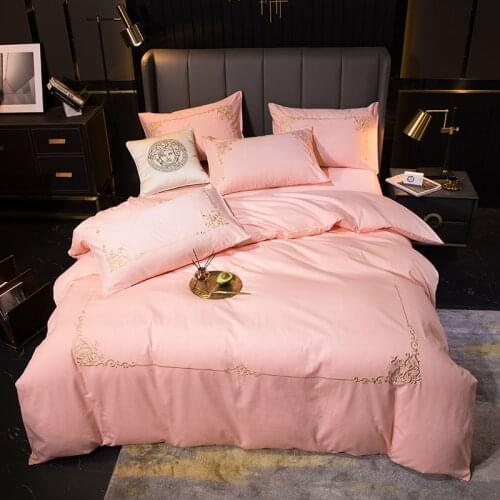 Pink Gray Cotton Embroidery Bedding Set King Queen Size Bed Set Bedsheets Linen Set Flat Sheet Duvet Cover Pillowcase #sw