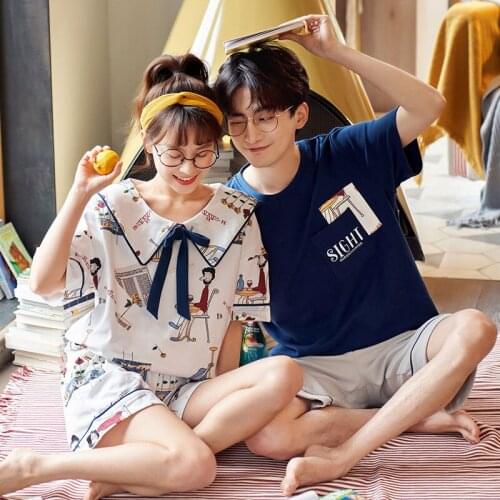 Summer Pajamas Womens Thin Cotton Short Sleeve Plus Size Loose Mens Homewear Lovers Pajamas Set