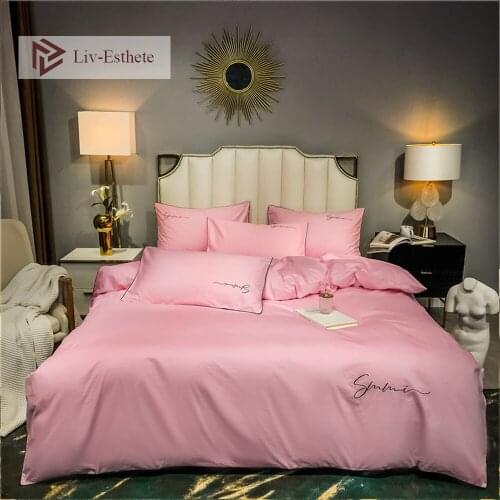 Liv-Esthet Girl Pink 100% Cotton Embroidery Bedding Set High Quality Bed Linen Set Queen King Duvet Cover Pillowcase Flat Sheet