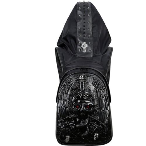 Mens Back Pack Bags With Hood Cap 3D Fashion Personality Skull Leather Backpack Rivets Apparel Bag Japanese Bag Backpack